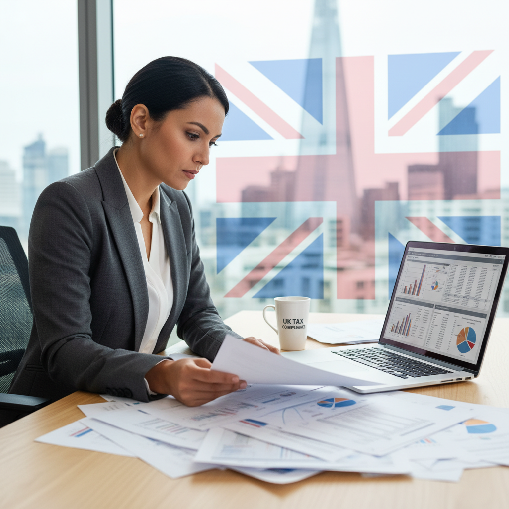 A professional expat business owner, looking determined, reviewing tax documents and a laptop in a modern, light-filled office in London, with a subtle British flag element in the background. The atmosphere is serious but focused, illustrating the complexity of UK tax regulations.