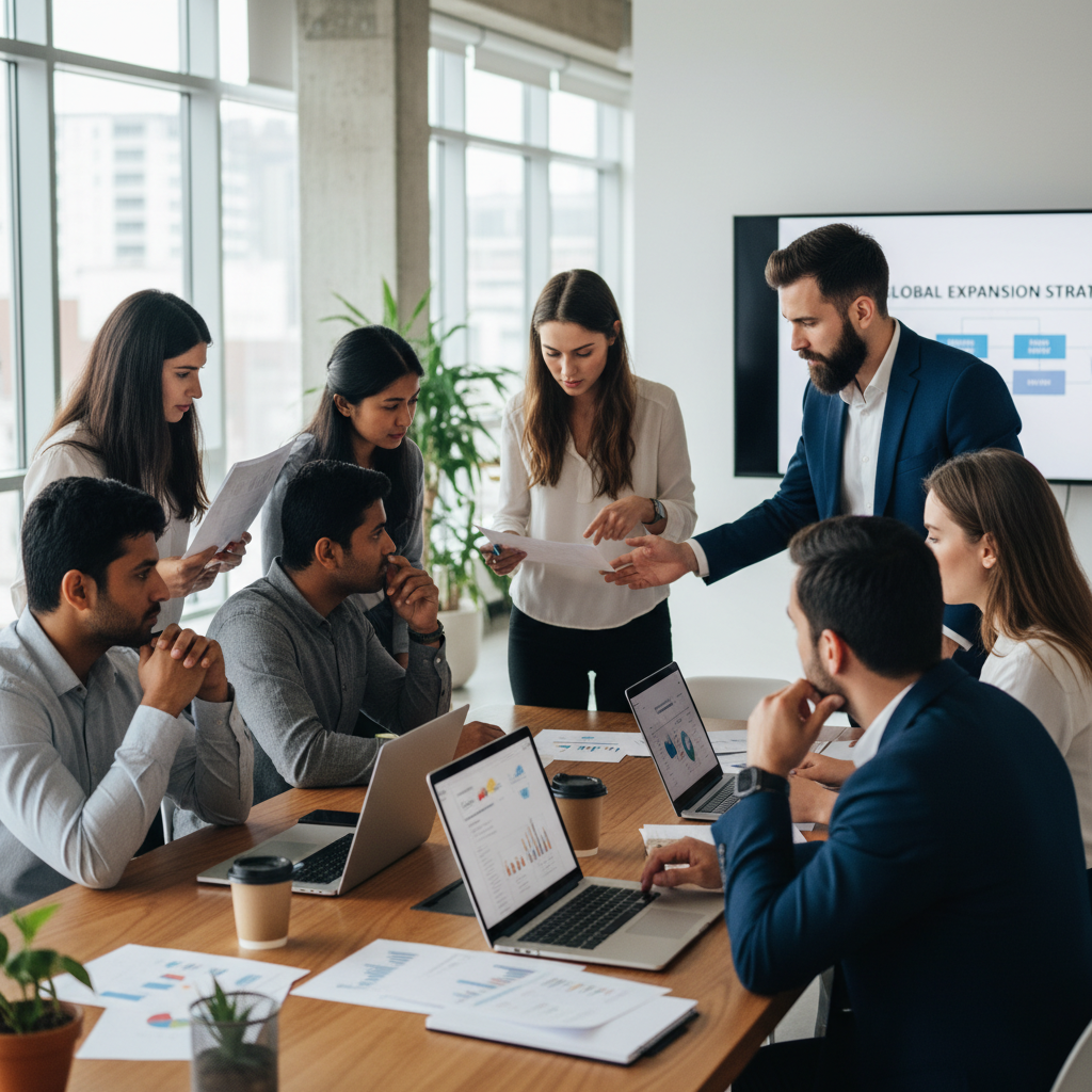 A diverse group of expat business owners from the UK, looking thoughtfully at documents and laptops, perhaps in a modern co-working space, discussing strategy with a professional consultant. The setting is bright and professional, suggesting collaboration and problem-solving.