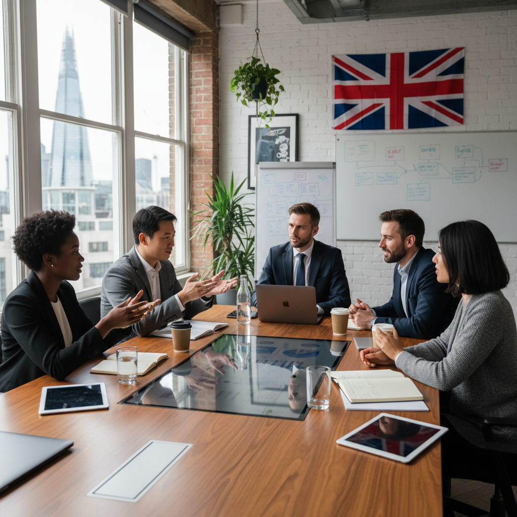 A diverse group of expat entrepreneurs confidently discussing business strategies around a modern table in a bright, collaborative office space in London, with a visible UK flag subtly in the background. The image should convey professionalism and innovation.