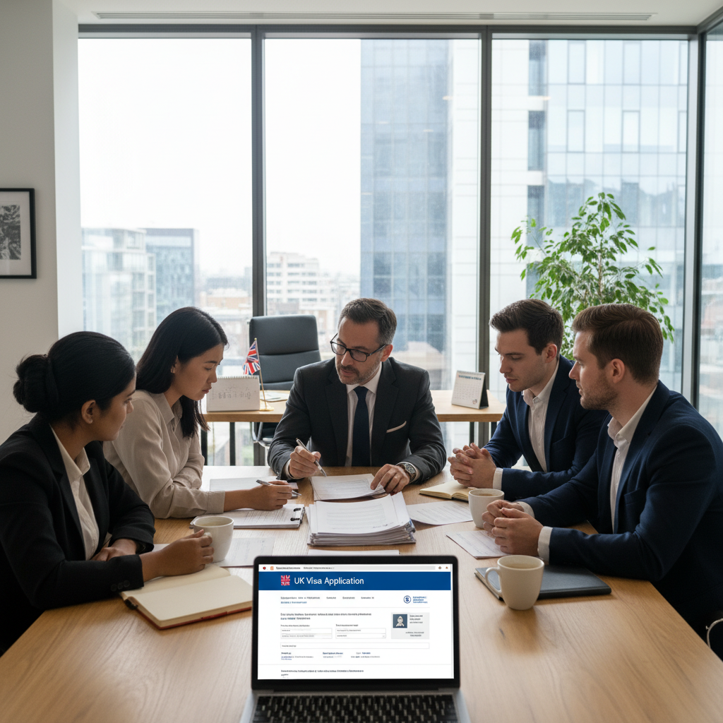 A diverse group of expat entrepreneurs in a modern, light-filled UK office space, discussing legal documents with a professional solicitor. The scene is collaborative and focused, with a laptop displaying a UK visa application form in the foreground.