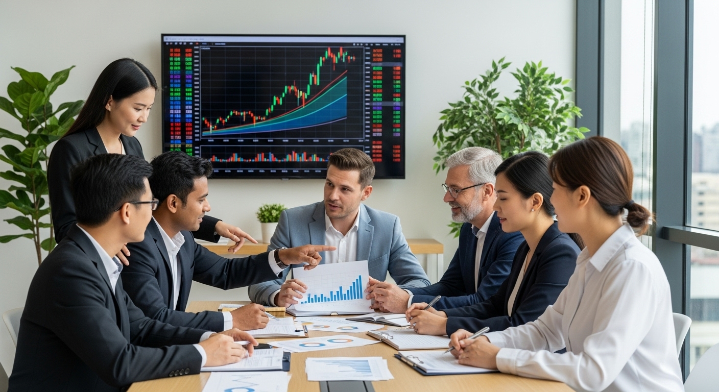 A diverse group of professional financial advisors in a modern, light-filled office, reviewing documents and discussing strategies with an expat couple, with a large monitor displaying financial charts in the background. The atmosphere is collaborative and reassuring, emphasizing expert guidance.