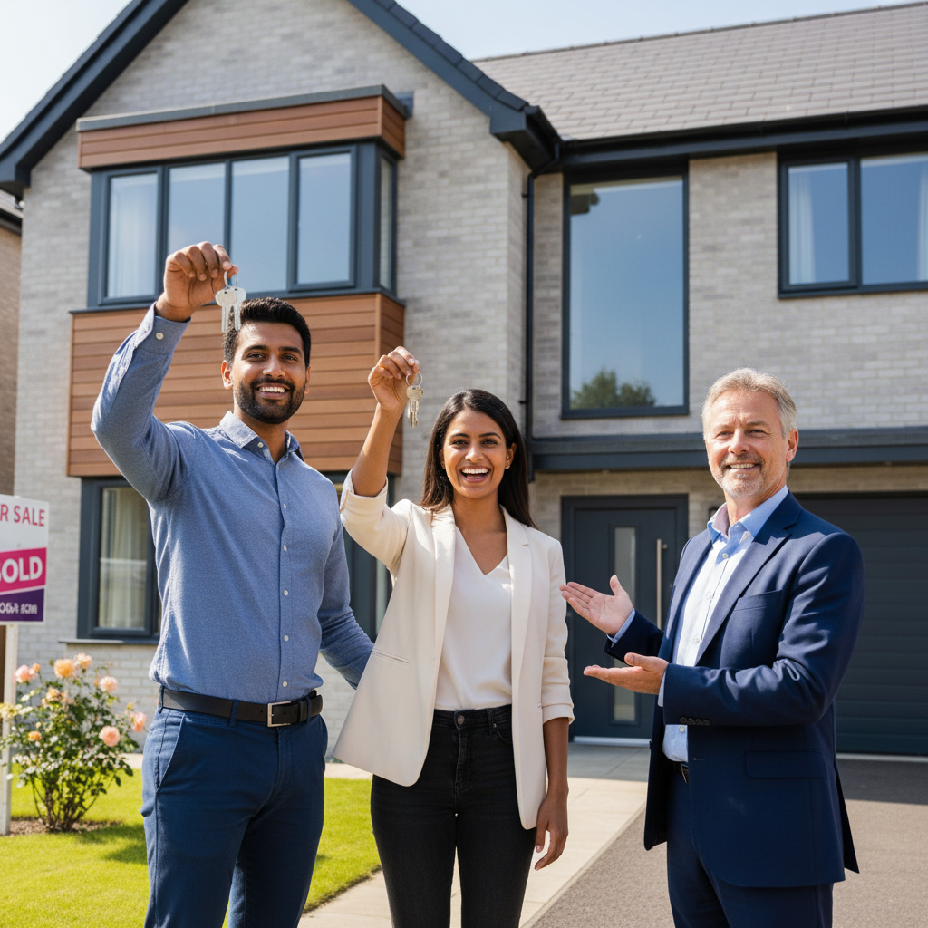A professional expat couple smiling confidently, holding keys to their new, stylish UK home. A friendly, impeccably dressed relocation consultant stands next to them, gesturing towards the modern facade of the house on a bright, sunny day. The scene conveys relief, excitement, and professionalism.