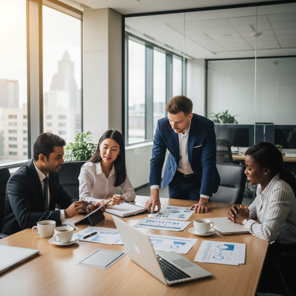 A diverse group of expat business owners and UK business migration specialists collaboratively reviewing documents and a business plan in a modern, professional office setting, with a focus on teamwork and expert guidance. The scene should convey professionalism and support.