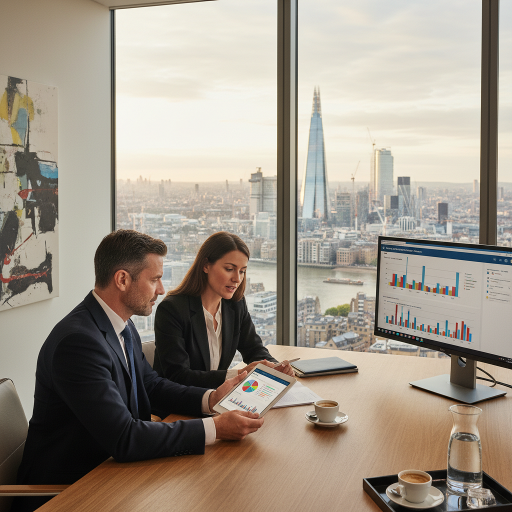 A professional, photorealistic image depicting a high net worth expat reviewing a detailed investment portfolio on a tablet, with a sophisticated financial advisor explaining UK market trends. They are in a modern, luxurious office with a panoramic view of the London skyline in the background, showing iconic landmarks like the Shard and the Gherkin.