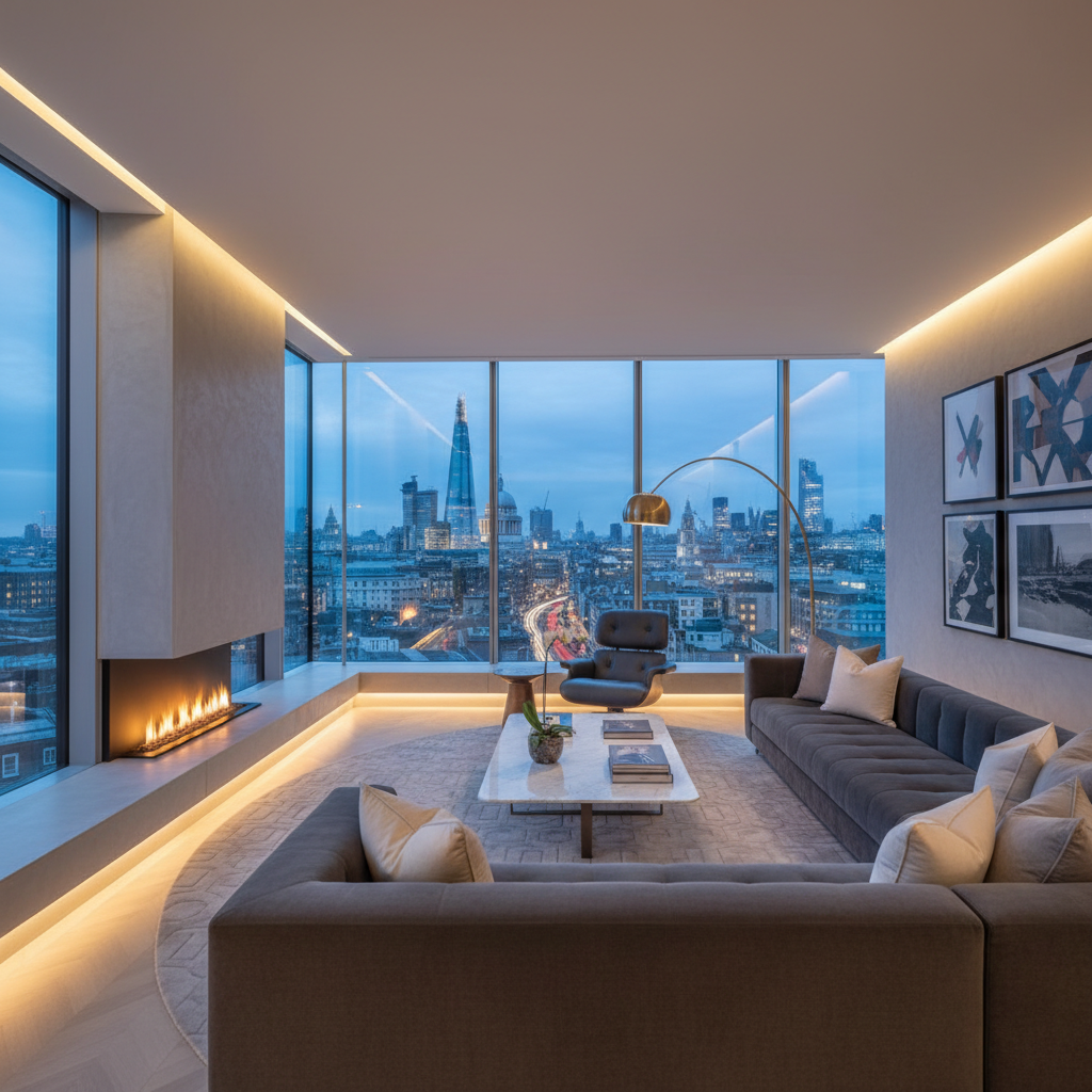 A sophisticated, photorealistic view of a modern luxury penthouse living room in central London at dusk. Floor-to-ceiling windows offer a panoramic cityscape with iconic landmarks softly lit. The interior features elegant, contemporary furnishings, a minimalist fireplace, and subtle ambient lighting, reflecting a high-end lifestyle.