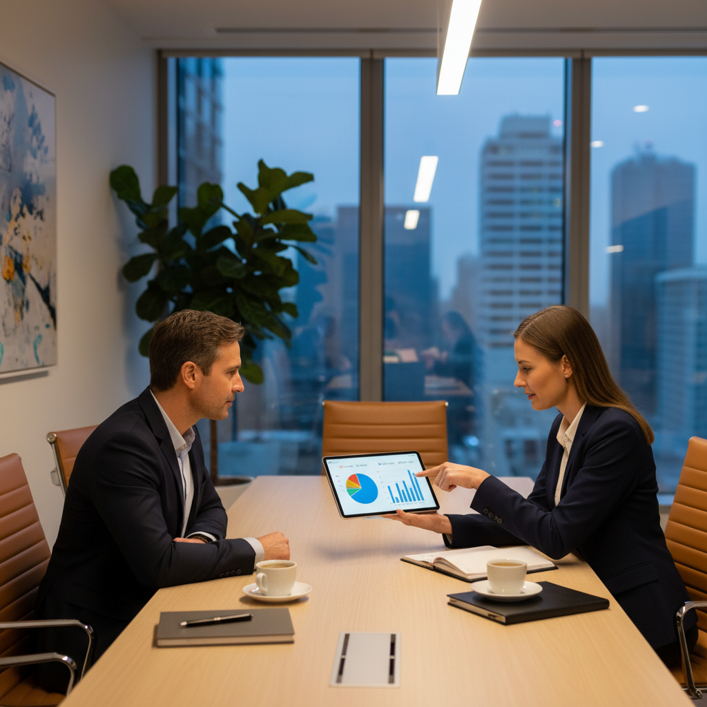 A professional financial advisor in a modern, elegant office setting, consulting with an expat couple. The advisor is pointing to a digital tablet displaying financial data, while the couple looks on attentively. The scene is well-lit and conveys trust and expertise.