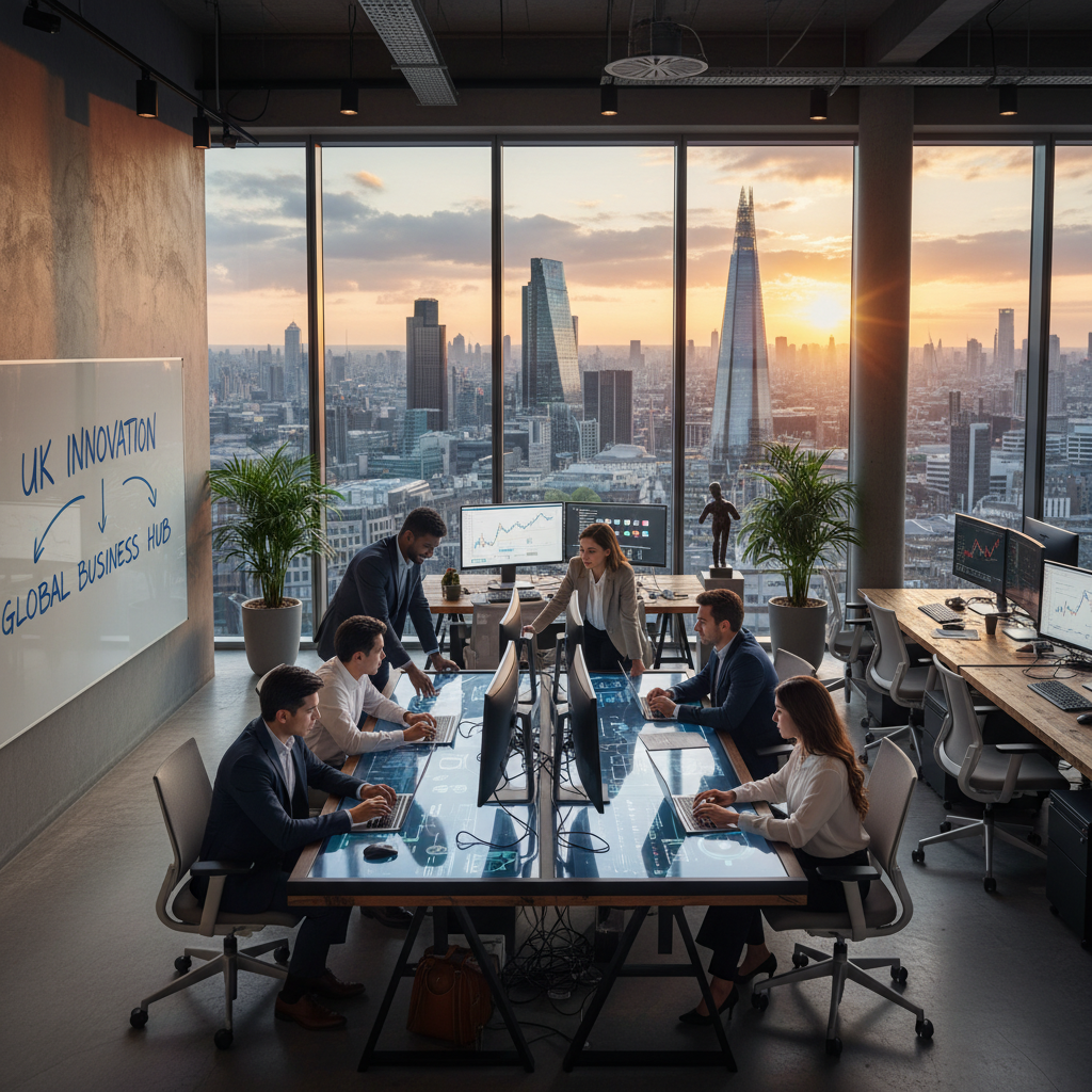 A sleek, modern office space with large windows overlooking the London skyline at sunset, showing diverse professionals collaborating on laptops and digital screens, representing innovation and business opportunities in the UK.