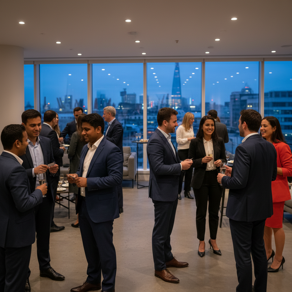 A diverse group of expat professionals from various backgrounds actively engaging in lively conversations and exchanging business cards at a modern, upscale networking event venue in London, with the city's iconic skyline subtly visible through large windows in the background. The atmosphere is vibrant and professional, with good lighting and a sense of dynamic interaction.
