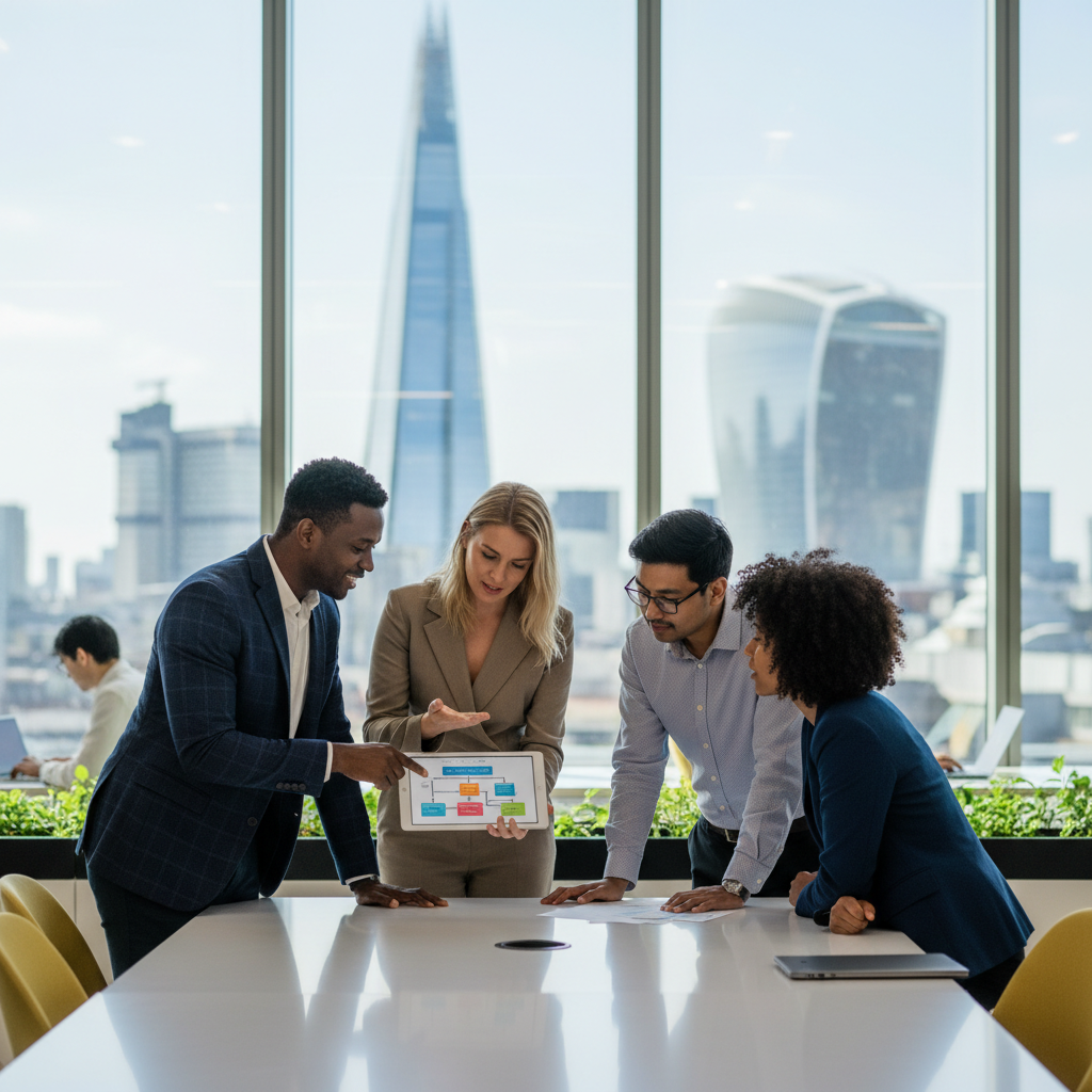 A diverse group of professional business people, two men and two women, in a modern, brightly lit coworking space, collaboratively discussing a business plan on a tablet. They are dressed in smart business casual attire. In the background, through large windows, a subtle, blurred image of the London skyline with iconic buildings like The Shard and the Gherkin is visible, suggesting a global business hub.