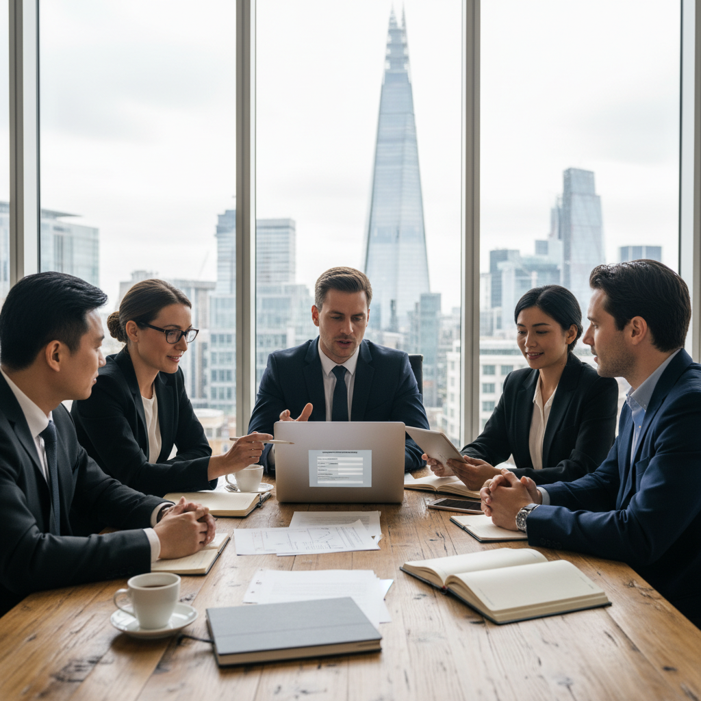 A diverse group of international business professionals in a modern, light-filled UK office setting, discussing business plans with a laptop showing company registration forms. The atmosphere is collaborative and professional.