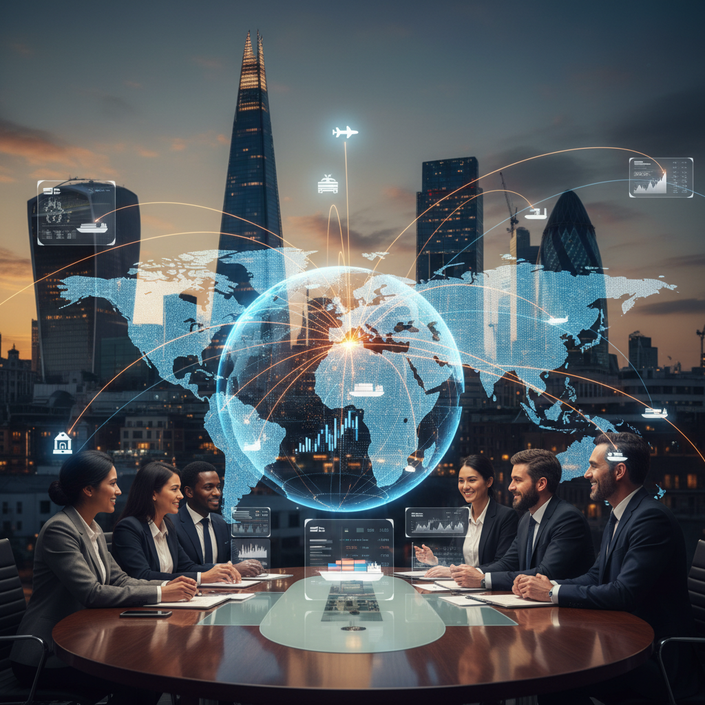 A vibrant, detailed photorealistic image showing a global business network connecting various continents, with a focus on the United Kingdom. Skyscrapers are visible in the background, subtly blending with digital lines representing data flow and international trade routes. A diverse group of professionals are engaged in discussions around a modern conference table in the foreground.